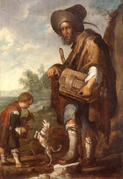 A Blind man playing a hurdy-gurdy,together with a young boy playing the drums,with a dancing dog